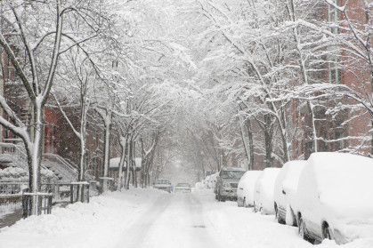 Snow Storm Brooklyn New York City Street stock photo