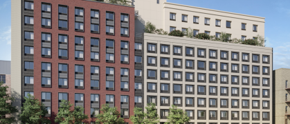 Rendering of red brick and sandstone apartment building in the Bronx