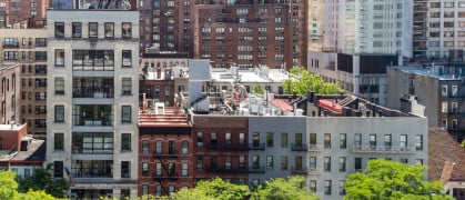 Rental buildings in Midtown Manhattan New York City seen from the Roosevelt Island Tramway Rental buildings in Midtown Manhattan New York City seen from the Roosevelt Island Tramway