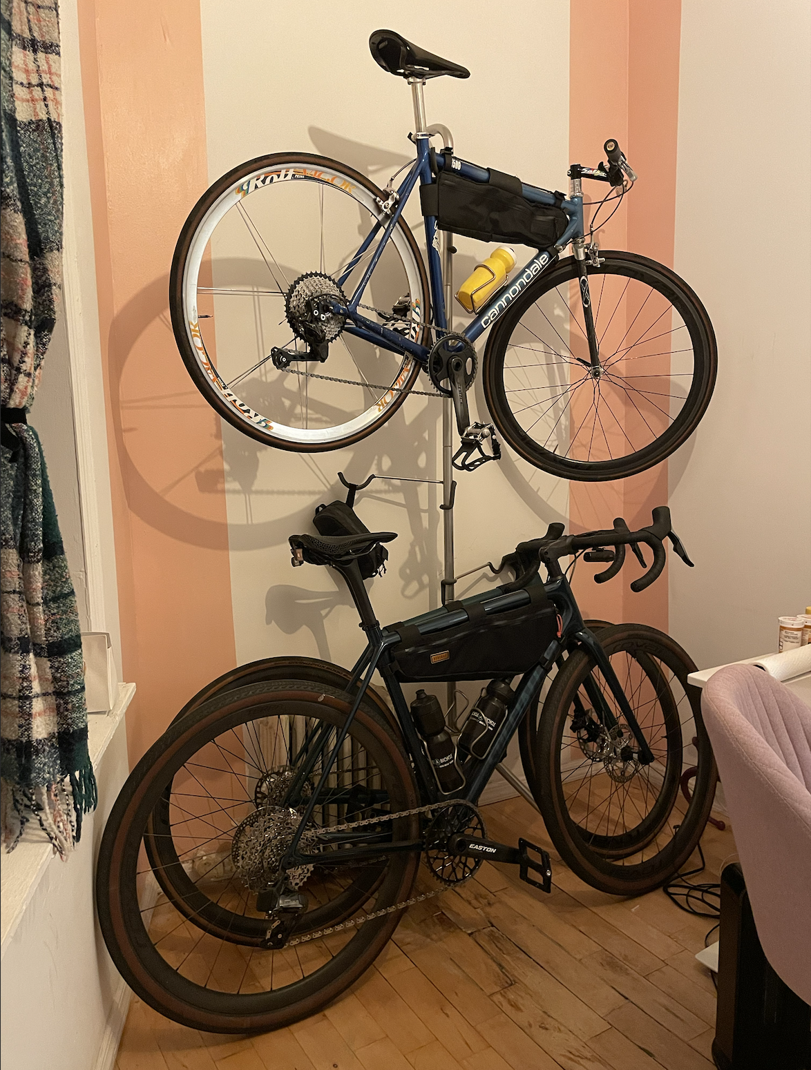 Browning uses a stand to store his bikes vertically inside his two-bedroom apartment.