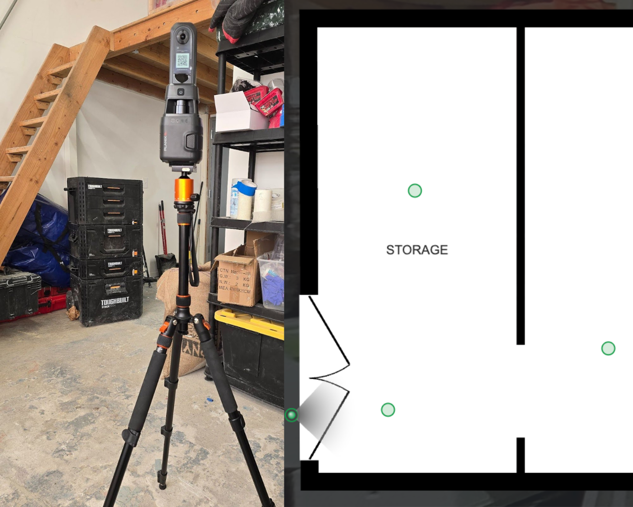 iGUIDE PLANIX R1 Usage Measuring device on a tripod alongside a map of where it is placed in an apartment for measurements