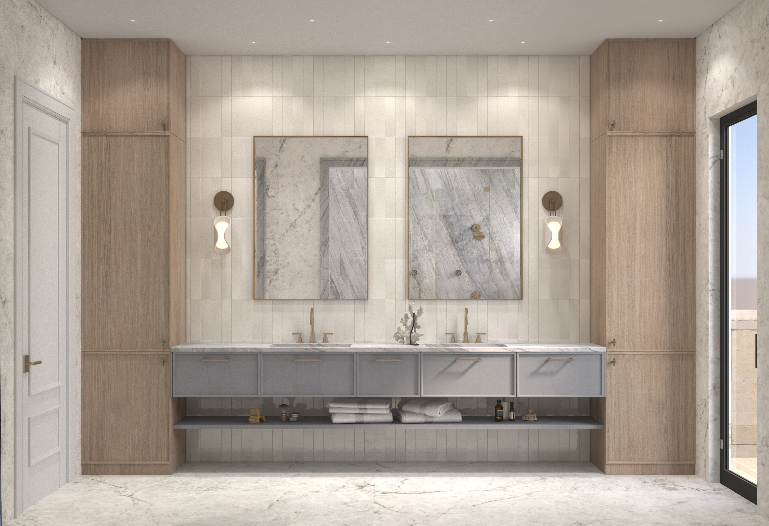 naturally lit bathroom with soft tones and tiled walls