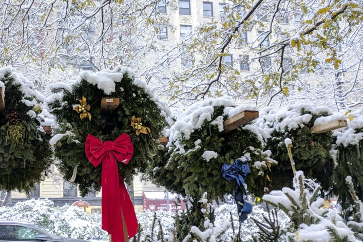 Christmas wreaths on a NYC street