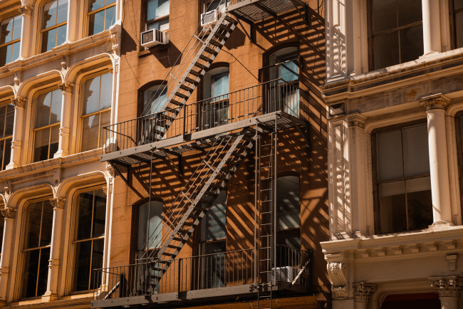 A close up of an NYC fire escape.