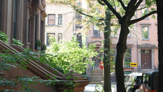 New York City townhouse building, Brooklyn Heights residential district, USA.