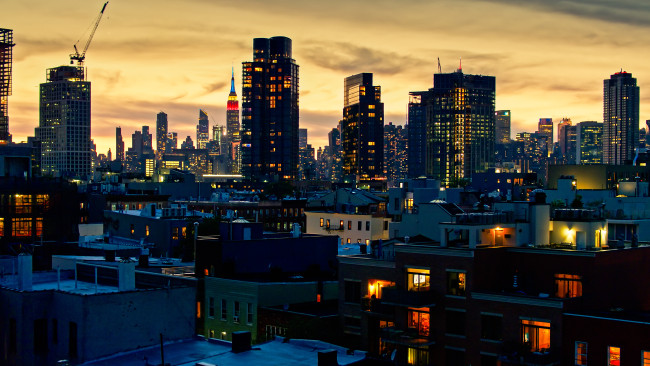 Drone shot of New York City at sunset, taken from over Greenpoint in Brooklyn.