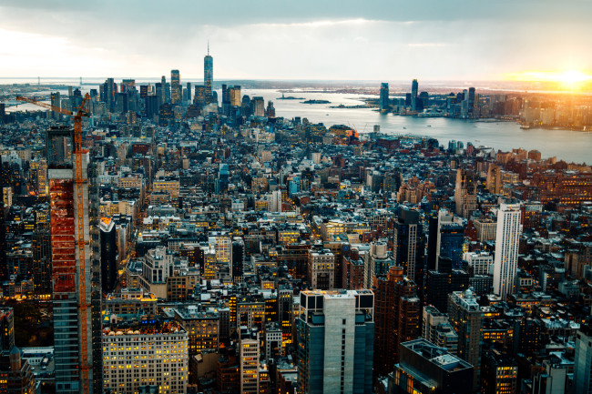 Aerial view of NYC looking downtown