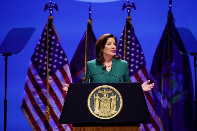 Hochul addresses a crowd of elected officials, union leaders, and other audience members at her State of the State address on Tuesday, Jan. 15th.