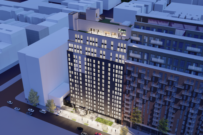 A rendering of the 18-story building at 212 West 124th Street.