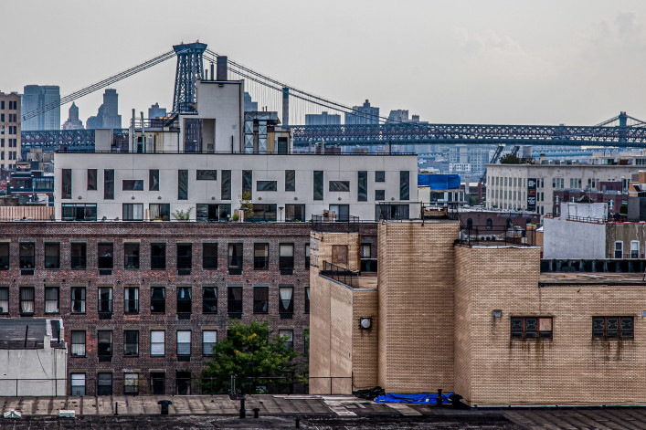 Spectacular views from the rooftop bar of the Wythe Hotel in the heart of Williamsburg, a neighborhood in Brooklyn in New York City.