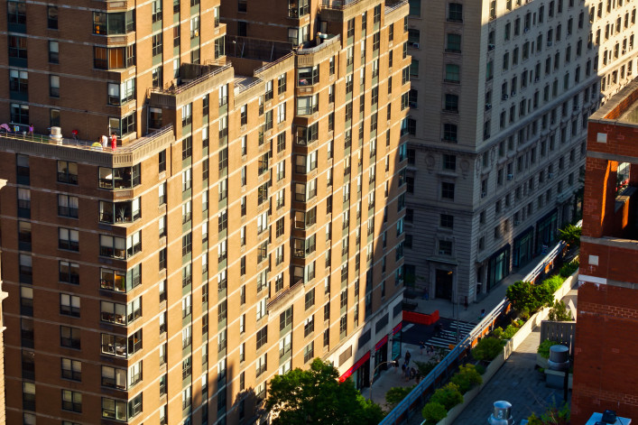 Aerial shot of Manhattan, New York City, taken from above the Upper West Side on a sunny afternoon in summer.