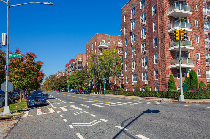 Large 7 Story Red Brick Co-op Apartment Buildings at Intersection of Shore Rd. and 94th Street in Bay Ridge Neighborhood of Brooklyn, New York,