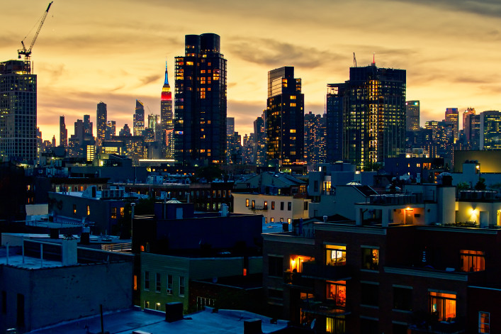 Drone shot of New York City at sunset, taken from over Greenpoint in Brooklyn.