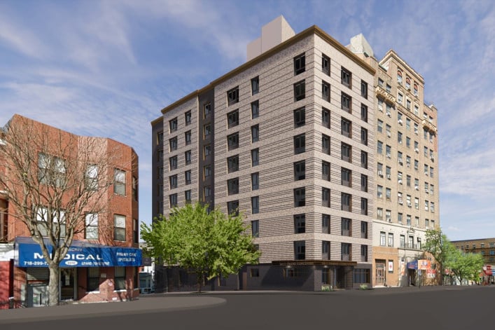 A rendering of the nine-story building at the corner of Bush Street and Grand Concourse.