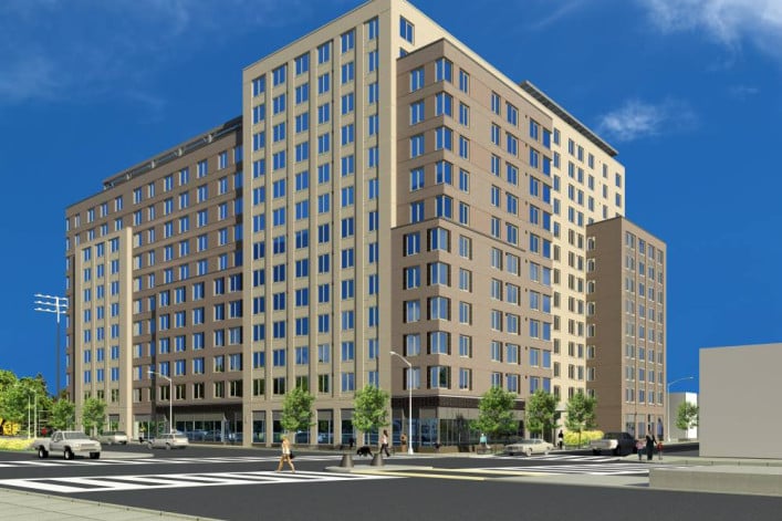 A rendering of the 13-story building at the corner of Logan Street and Atlantic Avenue. 