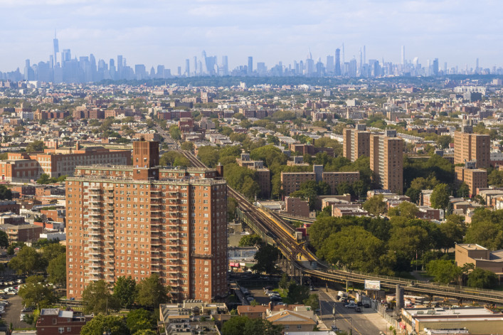 Aerial panoramic view of Coney Island, Brooklyn, New York, USA, on a sunny day.