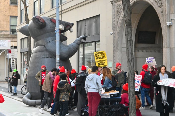  Unionized workers rallying outside of Legal Services NYC’s Manhattan office at 40 Worth St. amid contract negotiations.