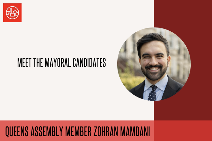 Graphic of Zohran Mamdani with the line "meet the mayoral candidates"