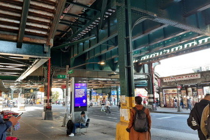 Under the elevated train tracks in Jackson Heights, New York City.