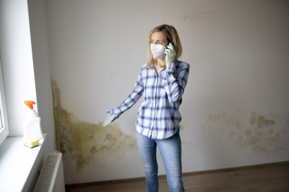 Woman standing in front of wall with mold and talking on cell phone stock photo