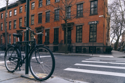 Orange street residential district witch bicycle Brooklyn heights New York City