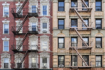 Fire escapes on NYC apartment buildings