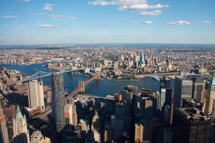 Manhattan and Brooklyn bridges over the Hudson river and Brooklyn, New York City