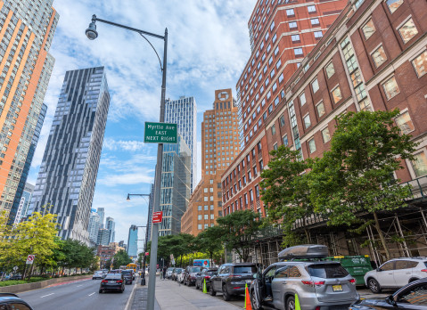 Flatbush Avenue, Brooklyn, with modern apartment buildings