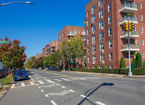 Large 7 Story Red Brick Co-op Apartment Buildings at Intersection of Shore Rd. and 94th Street in Bay Ridge Neighborhood of Brooklyn, New York,