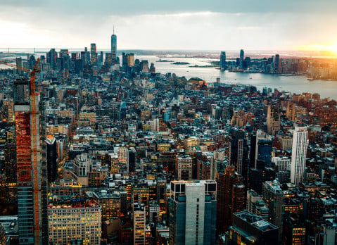 Aerial view of NYC looking downtown