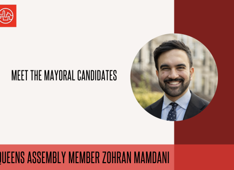 Graphic of Zohran Mamdani with the line "meet the mayoral candidates"