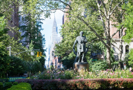 Gramercy Park in Manhattan, NYC with Midtown skyscrapers in the background