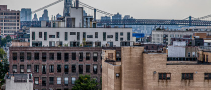 Spectacular views from the rooftop bar of the Wythe Hotel in the heart of Williamsburg, a neighborhood in Brooklyn in New York City.