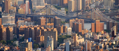Aerial view from Manhattan to Williamsburg and Brooklyn stock photo