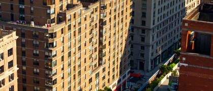 Aerial shot of Manhattan, New York City, taken from above the Upper West Side on a sunny afternoon in summer.