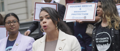 A photo of NYC Council member Pierina Sanchez at a rally.