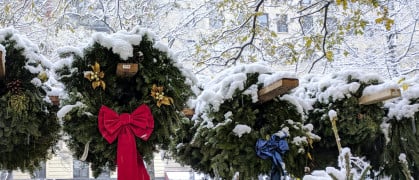 Christmas wreaths on a NYC street