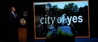 New York City Mayor Eric Adams addresses a crowd gathered at the historic Apollo Theater in Harlem on Thursday for his State of the City address.