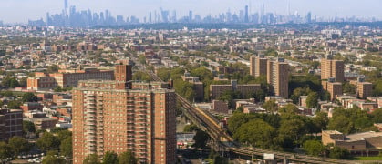 Aerial panoramic view of Coney Island, Brooklyn, New York, USA, on a sunny day.