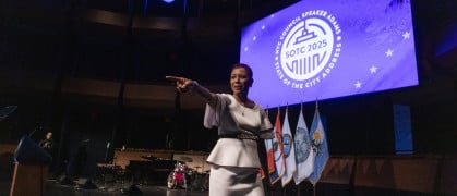 Speaker Adrienne E. Adams on stage after delivering her State of the City address at Lincoln Center.