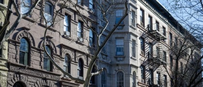 Building facades in New York in winter view from street